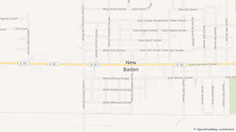 Map showing The Worn Whisk Bakery at 115 W Hanover Street in downtown New Baden, Illinois